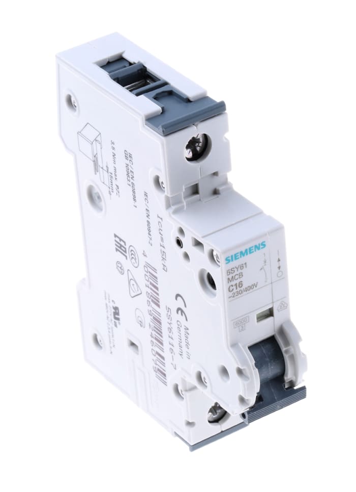 Siemens Sentron 5SY6 MCB, 1P, 16A Curve C, 230V AC, 72V DC, 6 kA Breaking Capacity