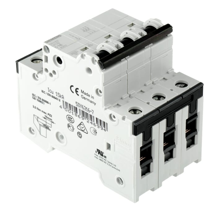 Siemens Sentron 5SY6 MCB, 3P, 16A Curve C, 400V AC, 72V DC, 6 kA Breaking Capacity