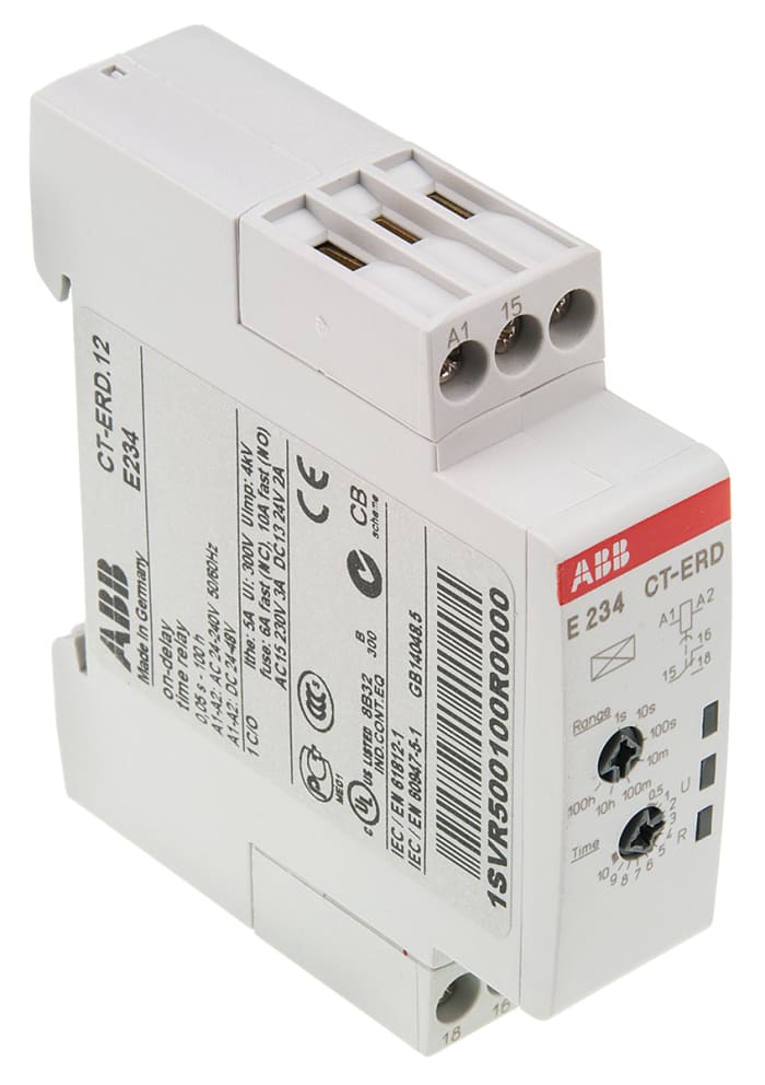 ABB 1SVR Series DIN Rail Mount Timer Relay, 24 → 240 V ac, 24 → 48V dc, 1-Contact, 0.05 s → 100h,