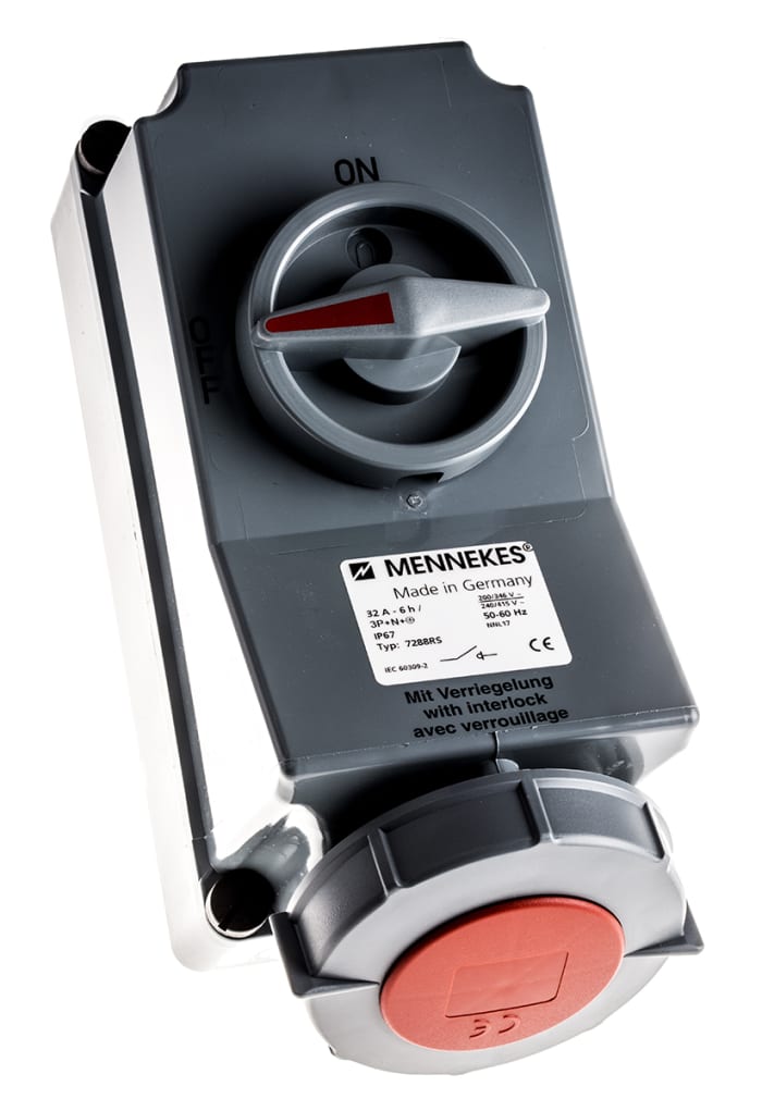 Mennekes Kilitli Priz, 3PN+E, Anahtarlı Priz, IP67, 400 V, 32A, Dik Açılı, Topraklama Konumu: 6h