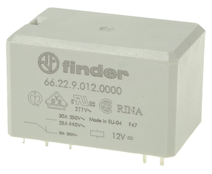 Finder PCB Mount Power Relay, 12V dc Coil, 30A Switching Current, DPDT