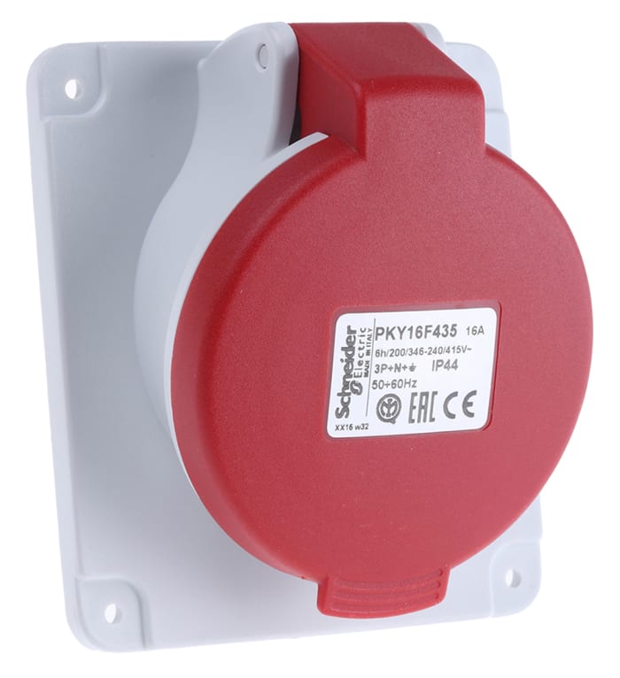 Schneider Electric, PratiKa IP44 Red Panel Mount 3P + N + E Right Angle Industrial Power Socket, Rated At 16A, 415 V