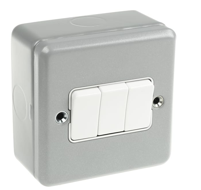 MK Electric Silver Metal Clad Switch, 2 Way, 3 Gang, Metalclad