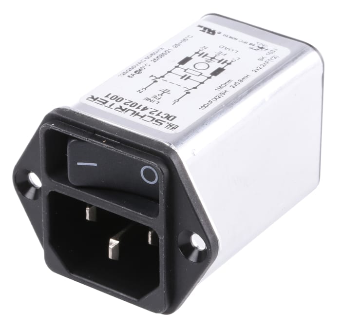 Schurter 6A, 250 V ac Male Panel Mount Filtered IEC Connector DC12.4102.001