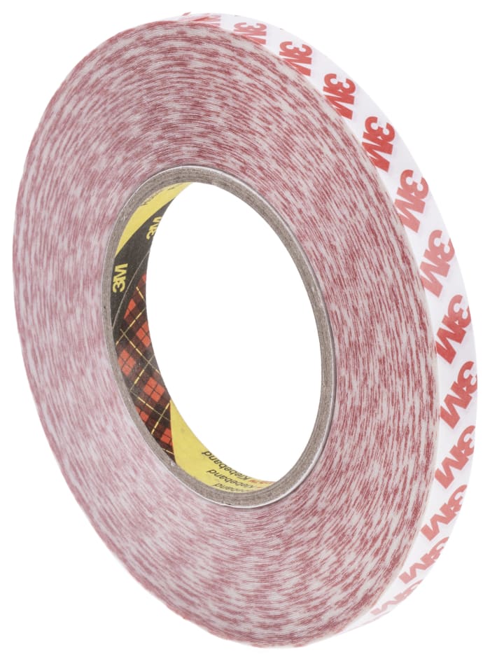 3M 9088 White Double Sided Plastic Tape, 0.2mm Thick, 15 N/cm, PET Backing, 12mm x 50m
