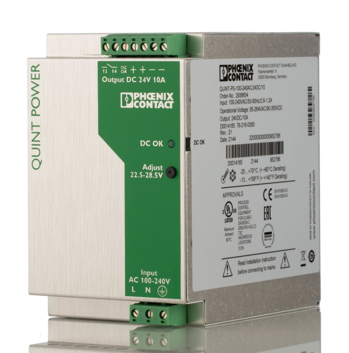 Phoenix Contact QUINT POWER Switched Mode DIN Rail Power Supply, 85 → 264V ac ac Input, 24V dc dc Output, 10A