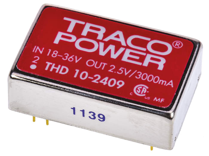 TRACOPOWER THD 10 DC-DC Converter, 2.5V dc/ 3A Output, 18 → 36 V dc Input, 10W, Through Hole, +71°C Max Temp