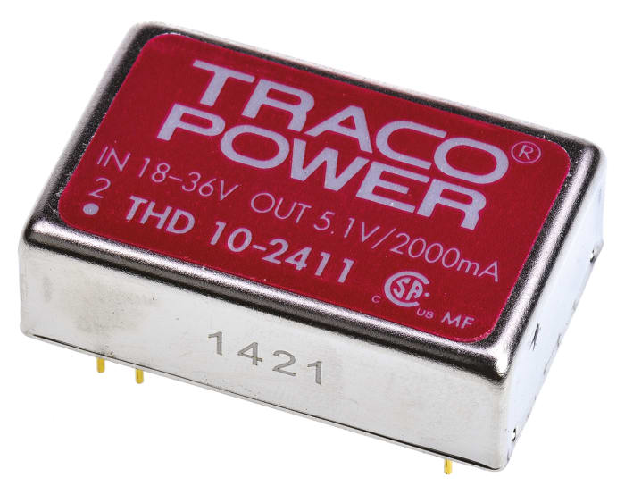 TRACOPOWER THD 10 DC-DC Converter, 5V dc/ 2A Output, 18 → 36 V dc Input, 10W, Through Hole, +71°C Max Temp -40°C