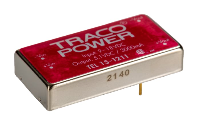TRACOPOWER TEL 15 DC-DC Converter, 5V dc/ 3A Output, 9 → 18 V dc Input, 15W, Through Hole, +71°C Max Temp -40°C
