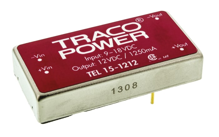 TRACOPOWER TEL 15 DC-DC Converter, 12V dc/ 1.25A Output, 9 → 18 V dc Input, 15W, Through Hole, +71°C Max Temp