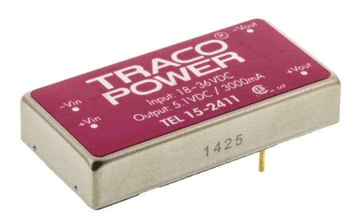 TRACOPOWER TEL 15 DC-DC Converter, 5V dc/ 3A Output, 18 → 36 V dc Input, 15W, Through Hole, +71°C Max Temp -40°C