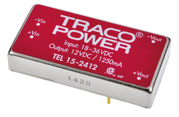 TRACOPOWER TEL 15 DC-DC Converter, 12V dc/ 1.25A Output, 18 → 36 V dc Input, 15W, Through Hole, +71°C Max Temp