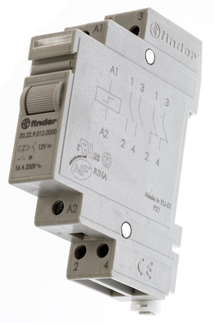 Finder DIN Rail Latching Modular Step Relay, 12V dc Coil, 16A Switching Current, DPST-NO
