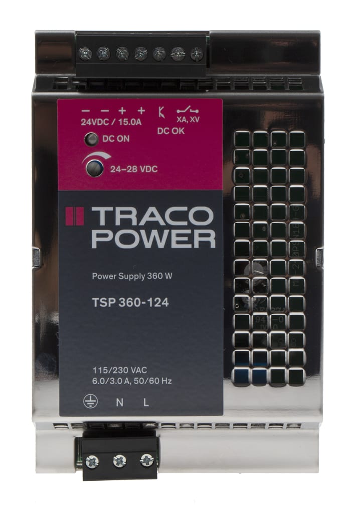 TRACOPOWER TSP Switched Mode DIN Rail Power Supply, 85 → 264V ac ac Input, 24V dc dc Output, 15A Output, 360W