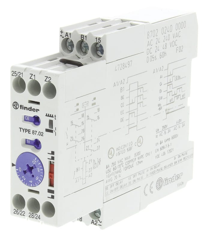 Finder 87 Series Series DIN Rail Mount Time Delay Relay, 24 → 240 V ac, 24 → 48V dc, 2-Contact, 0.05-10