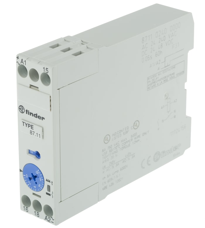 Finder 87 Series Series DIN Rail Mount Time Delay Relay, 24 → 240 V ac, 24 → 48V dc, 1-Contact, 0.05-10