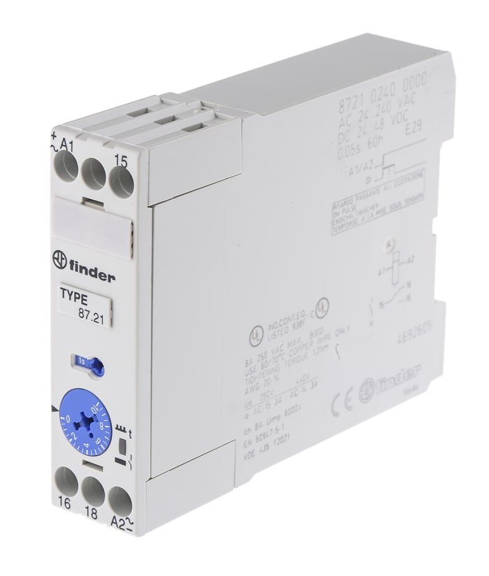 Finder 87 Series Series DIN Rail Mount Time Delay Relay, 24 → 240 V ac, 24 → 48V dc, 1-Contact, 0.05-10