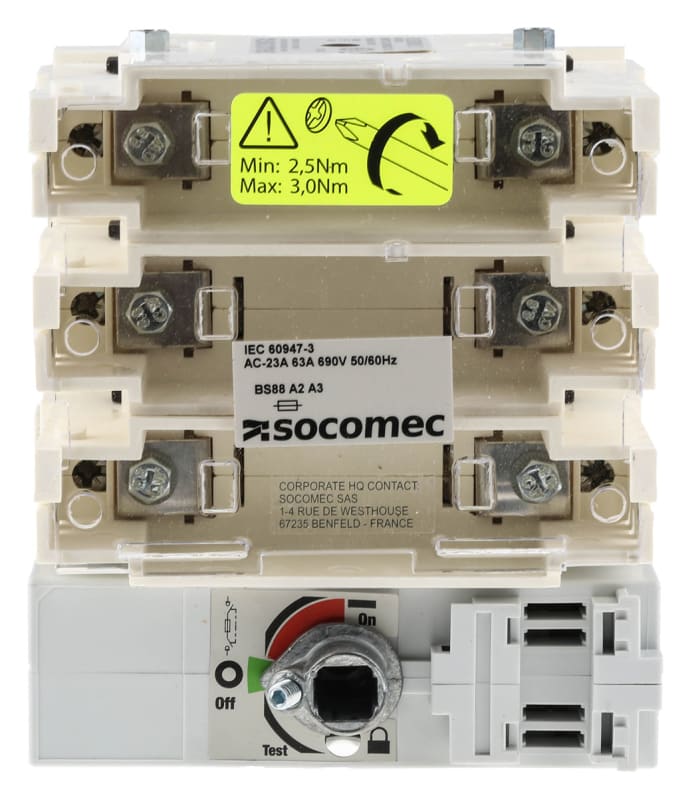 Socomec Fuse Switch Disconnector, 3 Pole, 63A Max Current, 10A Fuse Current