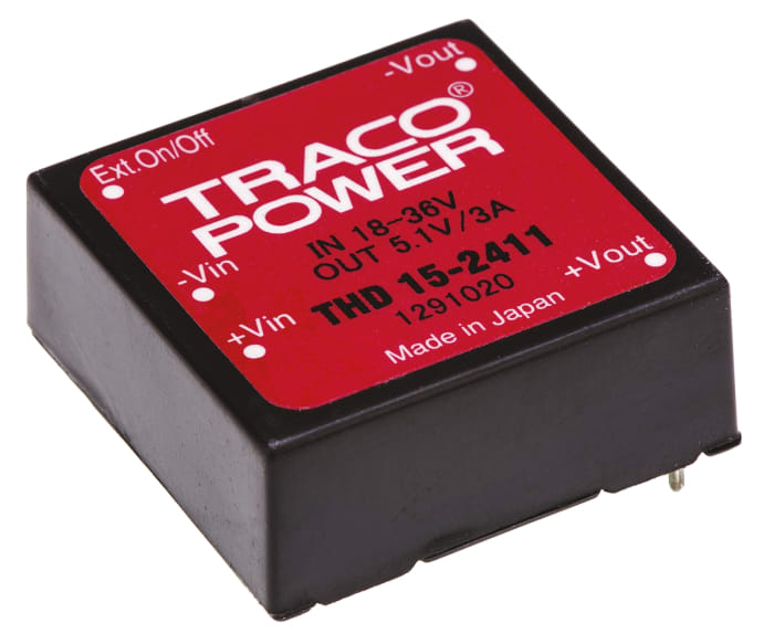 TRACOPOWER THD 15 Isolated DC-DC Converter, 5V dc/ 3A Output, 18 → 36 V dc Input, 15W, Through Hole, +71°C Max