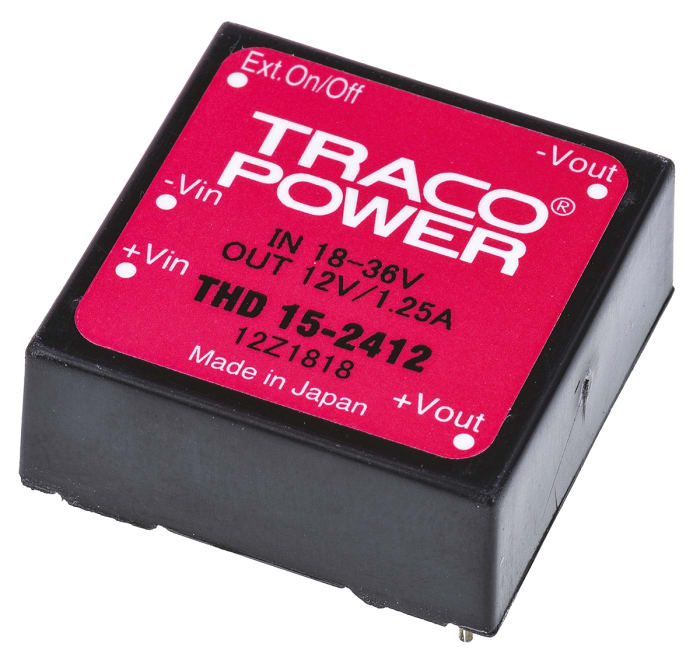 TRACOPOWER THD 15 Isolated DC-DC Converter, 12V dc/ 1.25A Output, 18 → 36 V dc Input, 15W, Through Hole, +71°C