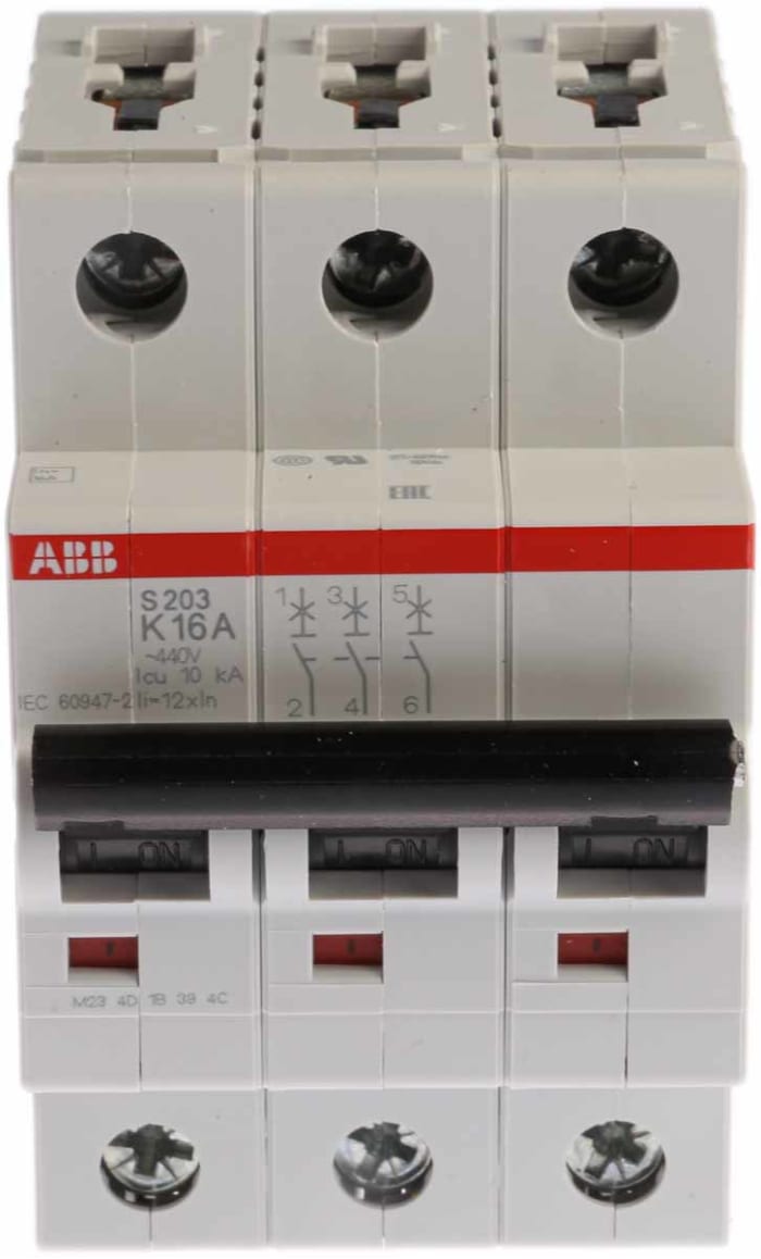 Disjoncteur ABB S200 3P, 16A, pouvoir de coupure 20 kA, montage rail DIN