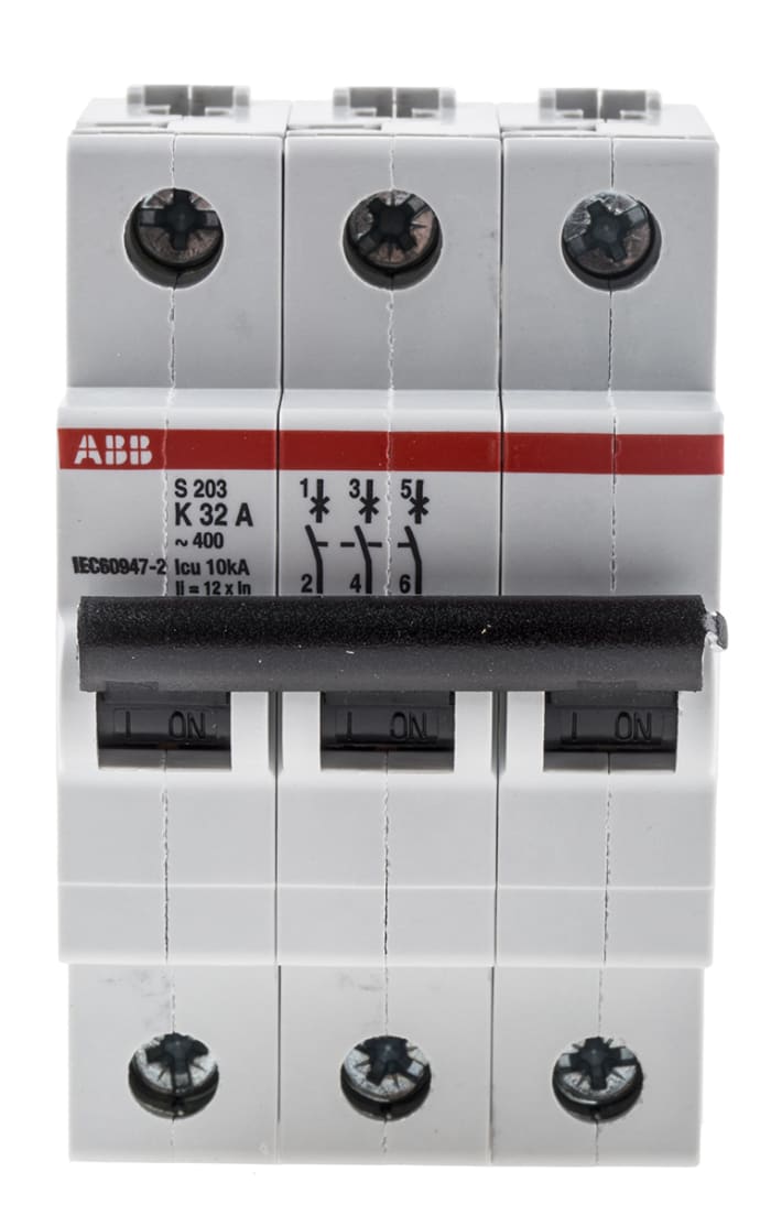 ABB System Pro M Compact S200 MCB, 3P, 32A Curve K, 440V AC, 20 kA Breaking Capacity