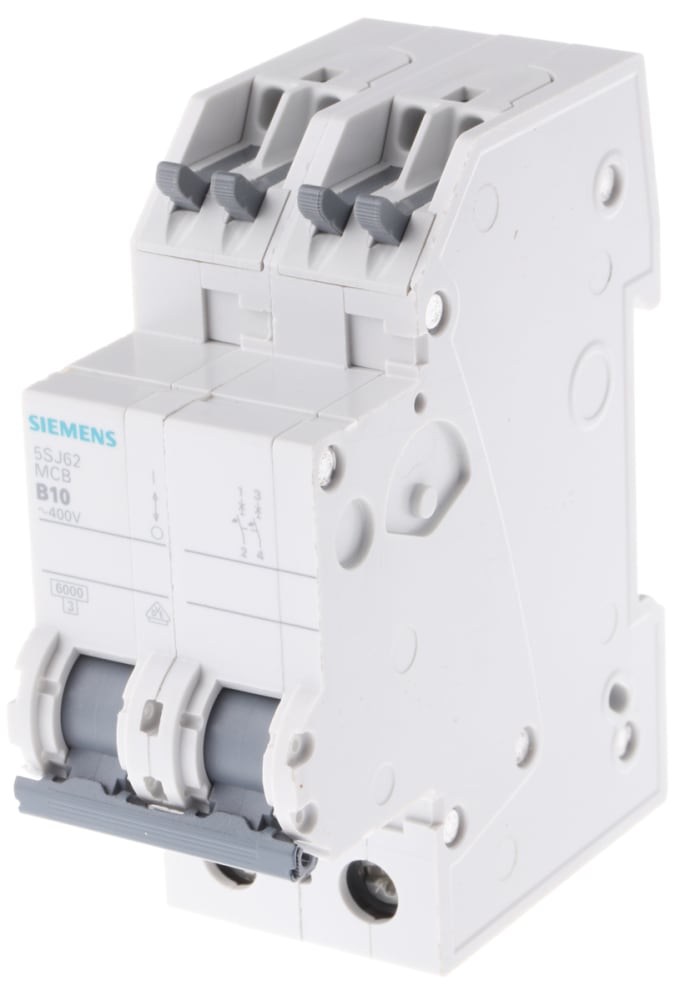 Siemens Sentron 5SJ6 MCB, 2P, 10A Curve B, 230V AC, 60V DC, 6 kA Breaking Capacity