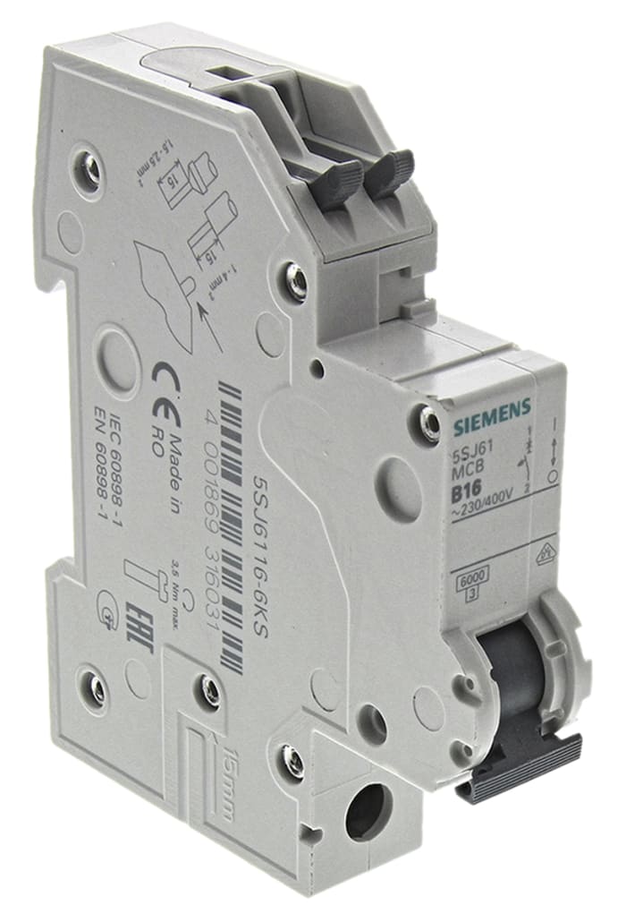 Siemens Sentron 5SJ6 MCB, 1P, 16A Curve B, 230V AC, 60V DC, 6 kA Breaking Capacity