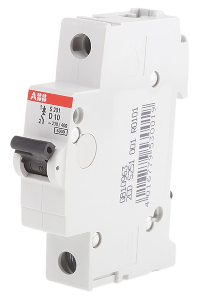 ABB System Pro M Compact S200 MCB, 1P, 10A Curve D, 253V AC, 72V DC, 6 kA Breaking Capacity