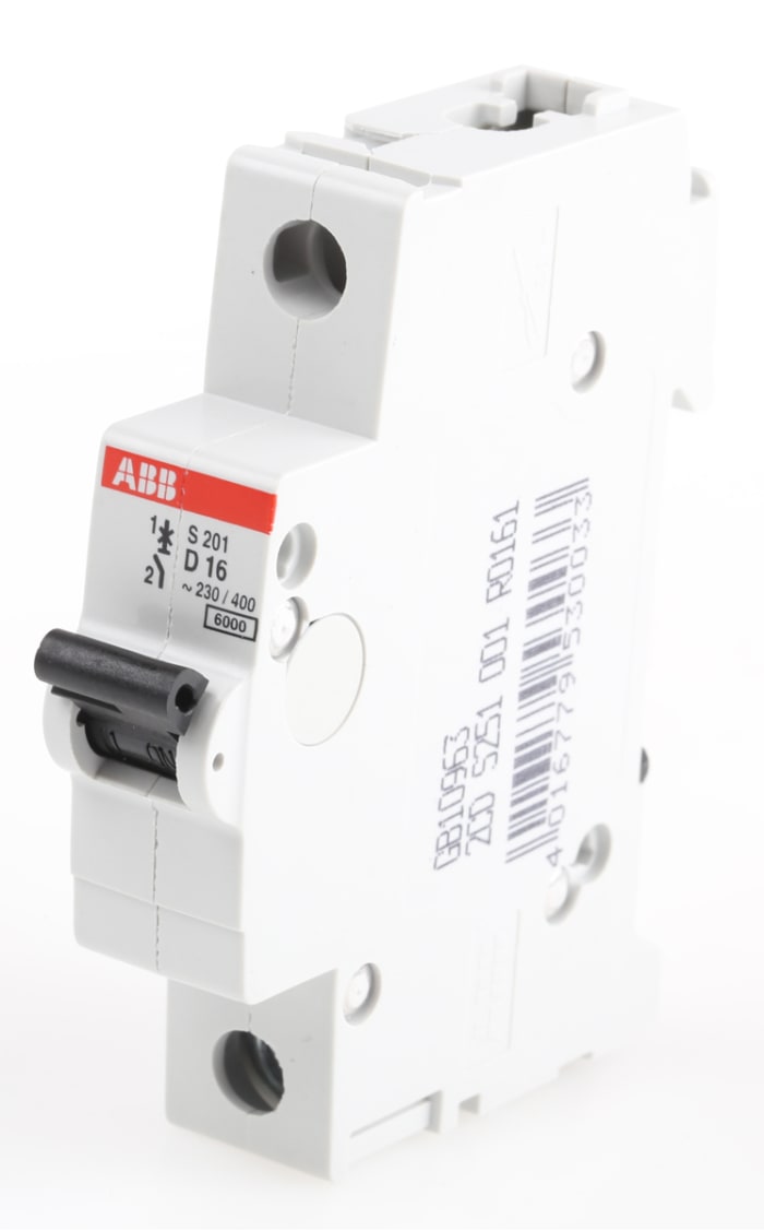 ABB System Pro M Compact S200 MCB, 1P, 16A Curve D, 253V AC, 72V DC, 6 kA Breaking Capacity