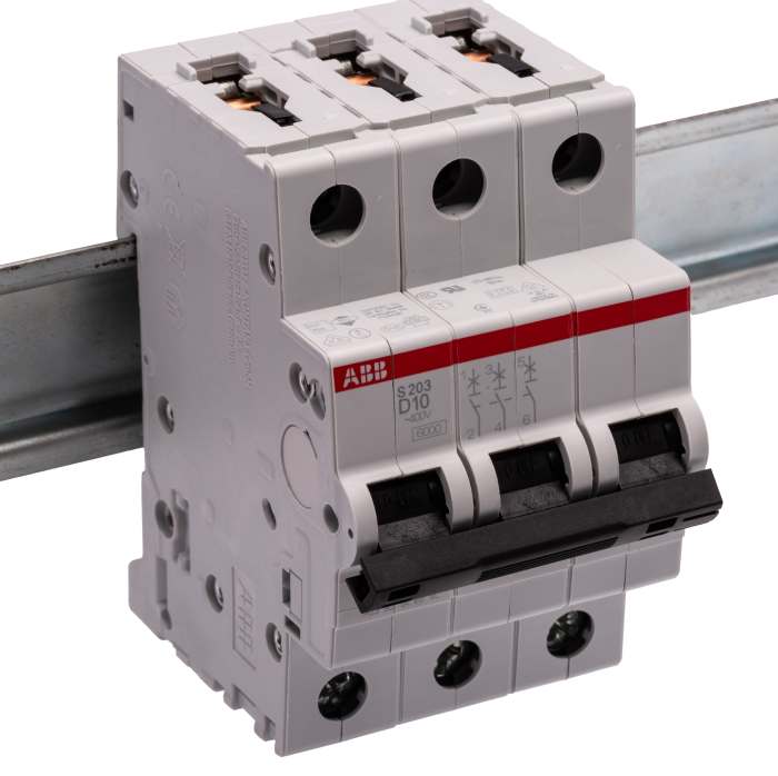 Disjoncteur ABB S200 3P, 10A, pouvoir de coupure 6 kA, montage rail DIN