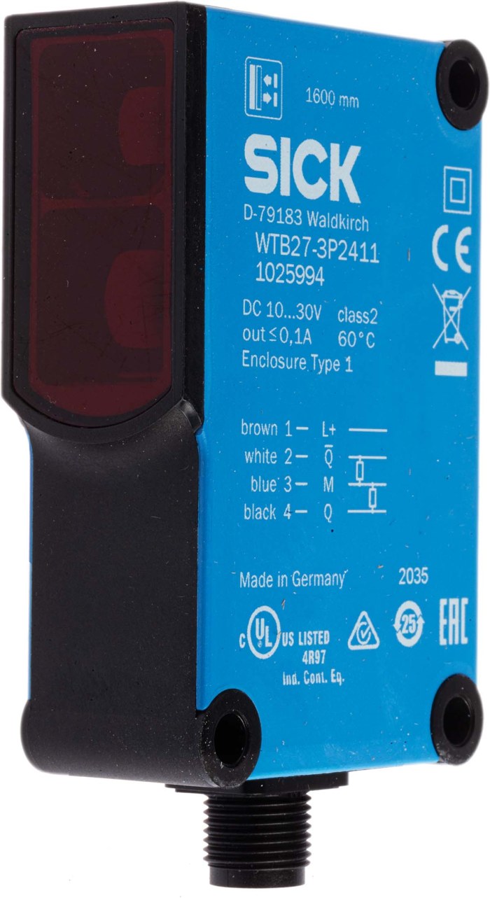Fotocélula rectangular SICK, Sistema Difuso, alcance 30 mm → 1,6 m, salida PNP, Conector de M12 4 clavijas, IP69K
