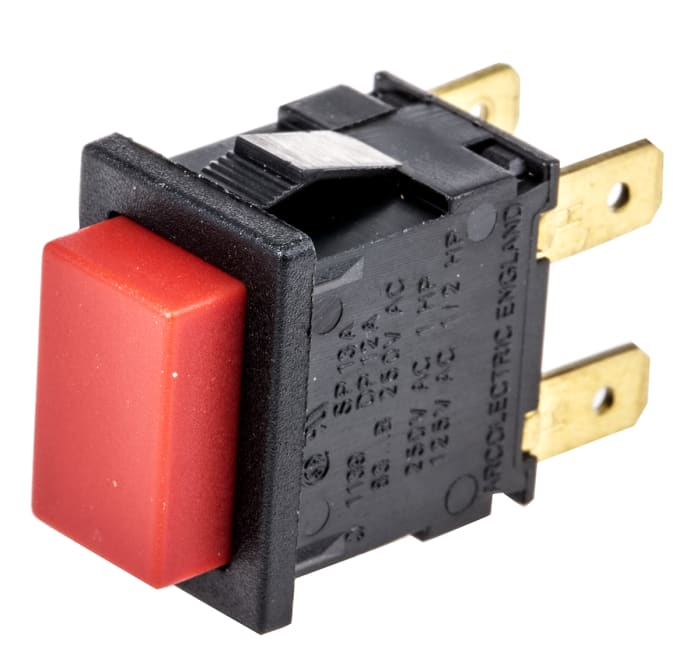 Arcolectric Push Button Switch, Momentary, Panel Mount, DPDT, 250V ac, IP40