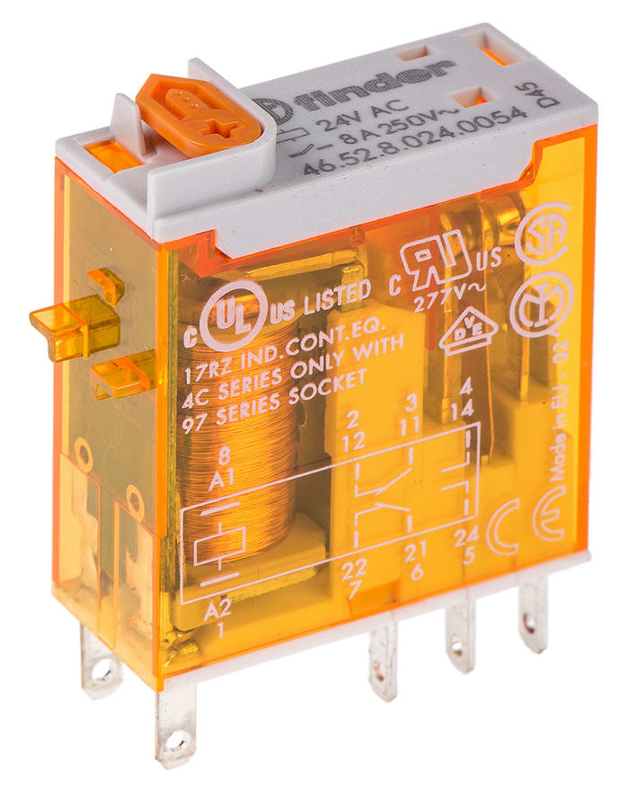 Finder PCB Mount Power Relay, 24V ac Coil, 8A Switching Current, DPDT