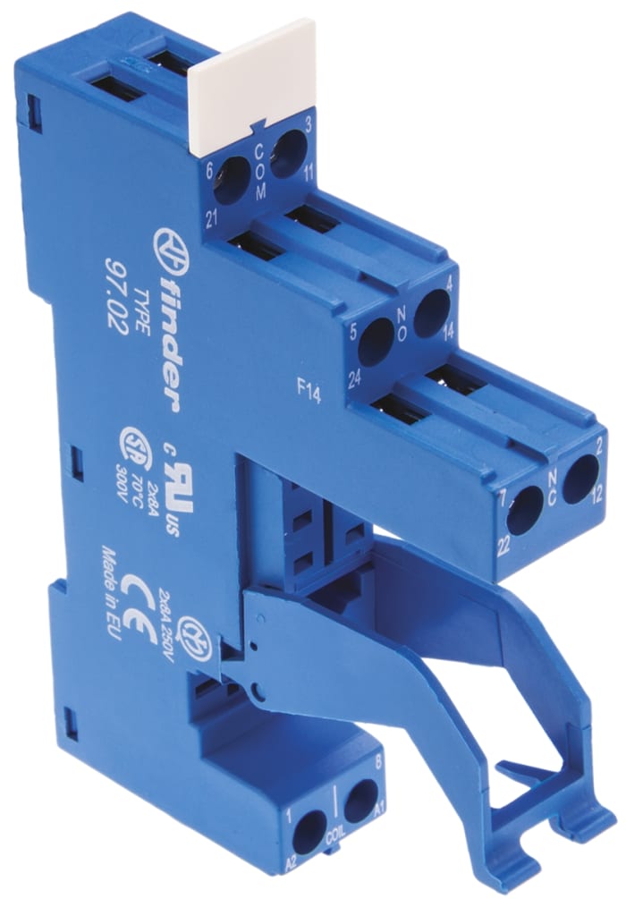 Zócalo de relé Finder 97 para 46.52 Series Relay de 8 contactos, 8A máx., para carril DIN
