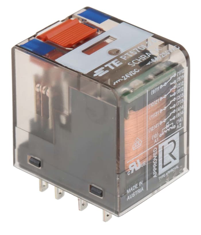 TE Connectivity PCB Mount Power Relay, 24V dc Coil, 6A Switching Current, 4PDT