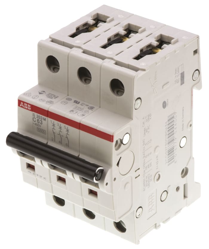 ABB System Pro M Compact S200M MCB, 3P, 63A Curve C, 440V AC, 125V DC, 10 kA Breaking Capacity