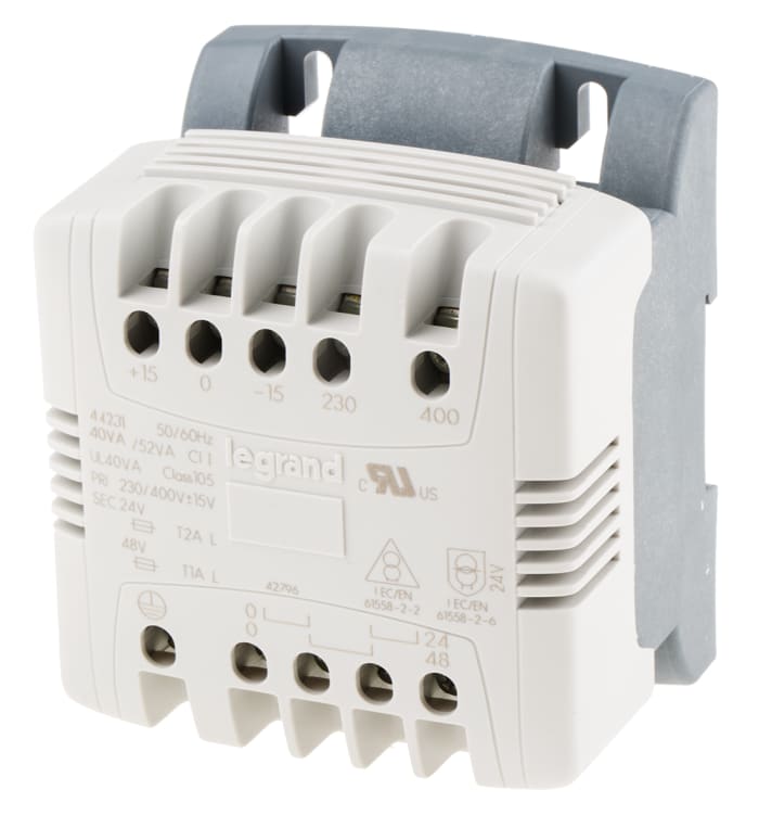 Legrand 40VA DIN Rail Transformer, 215V ac, 230V ac, 245V ac, 385V ac, 400V ac, 415V ac Primary, 24V ac Secondary