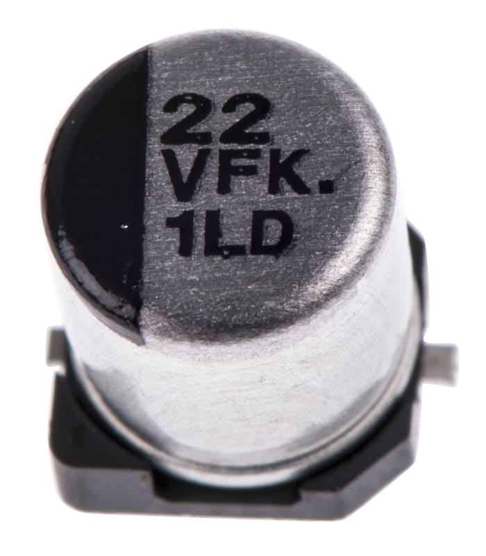 Condensador electrolítico Panasonic serie FK SMD, 22μF, ±20%, 35V dc, mont. SMD, 5 (Dia.) x 5.8mm, paso 1.5mm