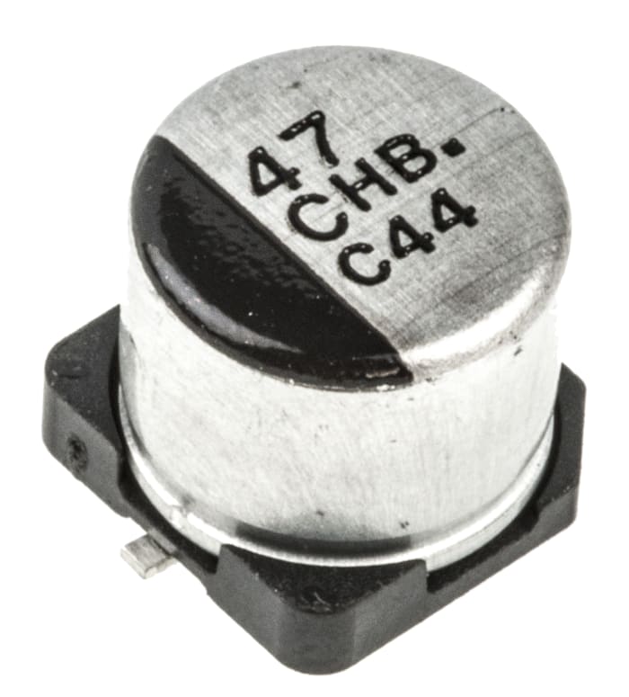 Condensador electrolítico Panasonic serie HB SMD, 47μF, ±20%, 16V dc, mont. SMD, 6.3 (Dia.) x 5.8mm