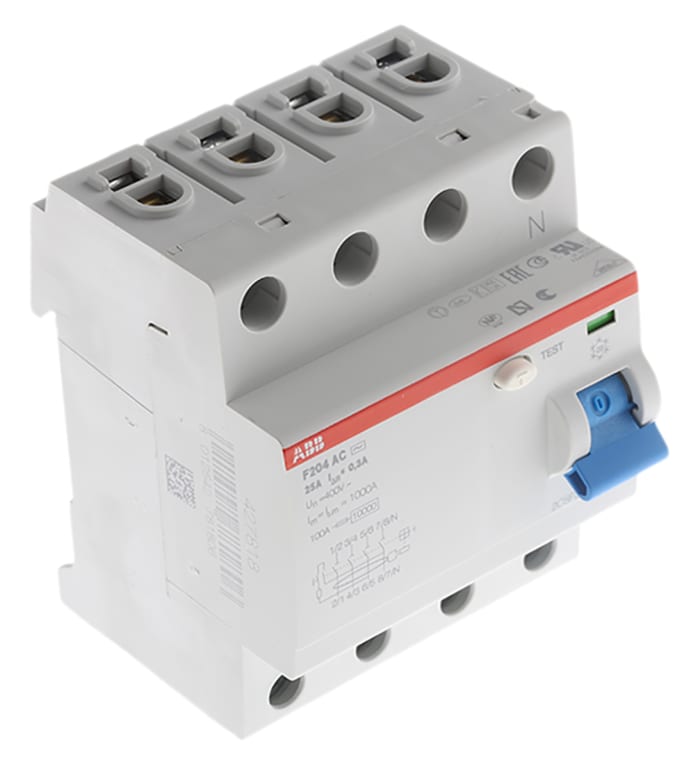 ABB F200 RCCB, 25A, 4 Pole, 300mA, Type AC
