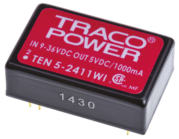 TRACOPOWER TEN 5WI DC-DC Converter, 5V dc/ 1A Output, 9 → 36 V dc Input, 6W, Through Hole, +85°C Max Temp -40°C