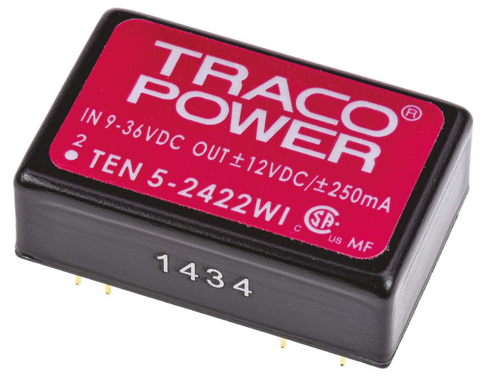 TRACOPOWER TEN 5WI DC-DC Converter, ±12V dc/ ±250mA Output, 9 → 36 V dc Input, 6W, Through Hole, +85°C Max Temp