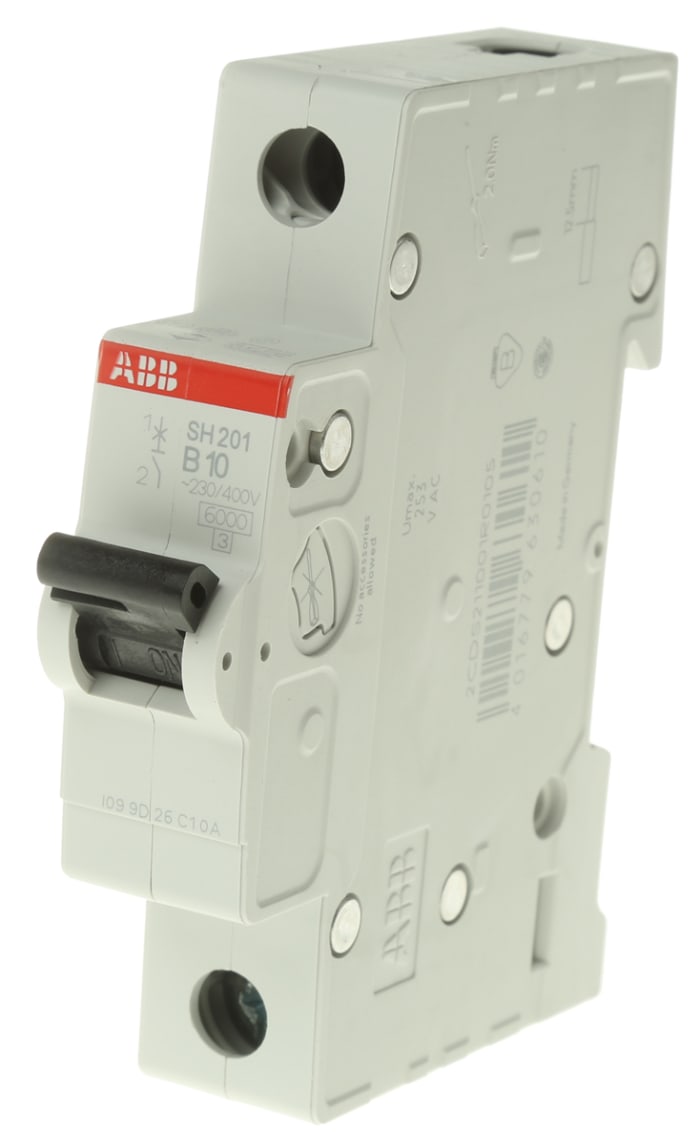 ABB Compact Home SH200 MCB, 1P, 10A Curve B, 440V AC, 60V DC, 6 kA Breaking Capacity