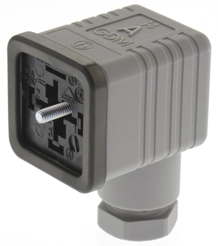 Conector de válvula DIN 43650 A Hirschmann GDM, hembra, 3P+E, 250 V, 16A, prensaestopas M16, IP65, montaje sujeto con