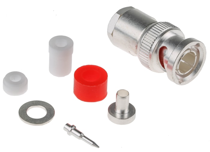 Conector coaxial RS PRO, Macho, Recto, Impedancia 50Ω, Montaje de Cable, Terminación de Abrazadera, RG58, Plata