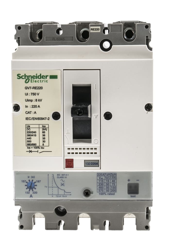 Disyuntor de protección de motor Schneider Electric 132 → 220 A Tripolar, 8 kA, 690 Vac, TeSys, Serie GV7R