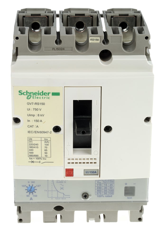 Disyuntor de protección de motor Schneider Electric 90 → 150 A Tripolar, 10 kA, 690 Vac, TeSys, Serie GV7R