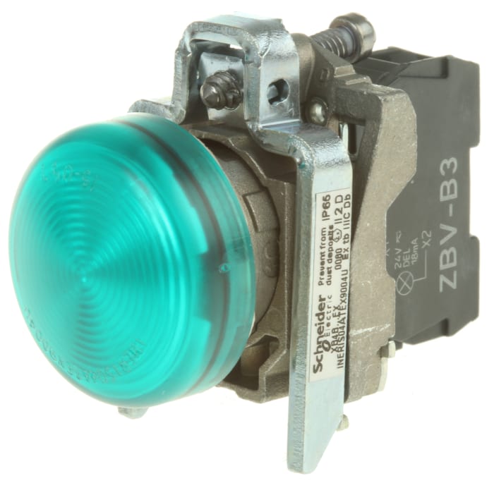 XB4BVB3EX Schneider Electric Schneider Electric Harmony XB4 Panel Mount Green LED Pilot Light 22mm Cutout IP65 Round 24V ac dc 609 5688 RS Components