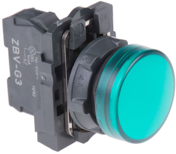 Schneider Electric, Harmony XB5, Panel Mount Green Universal LED Pilot Light, 22mm Cutout, IP66, IP67, 120V ac